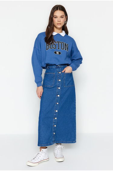 Blue Denim Column Maxi Skirt