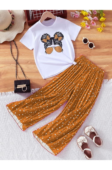 Girls Graphic Print T-Shirt and Polka Dot Pants Set