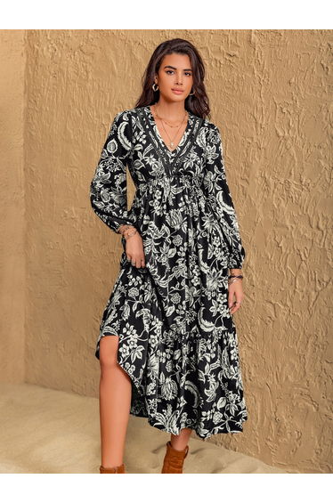 Women Black Floral Print Tiered Midi Dress