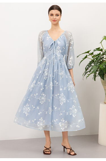 Sequins Vine Embroidered Tie-Front Maxi Dress in Blue for Romantic Date & Birthday Party