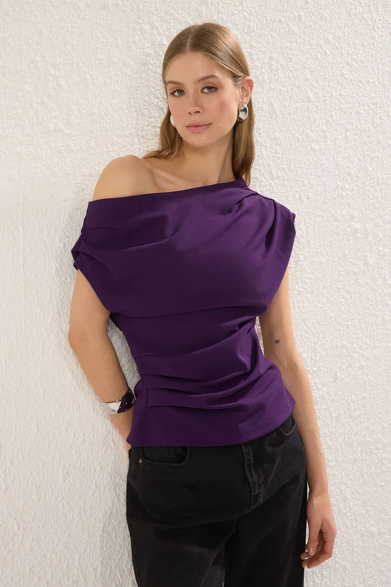 Purple Gathered/Draped Detailed Flowy Asymmetric Collar Knitted Blouse