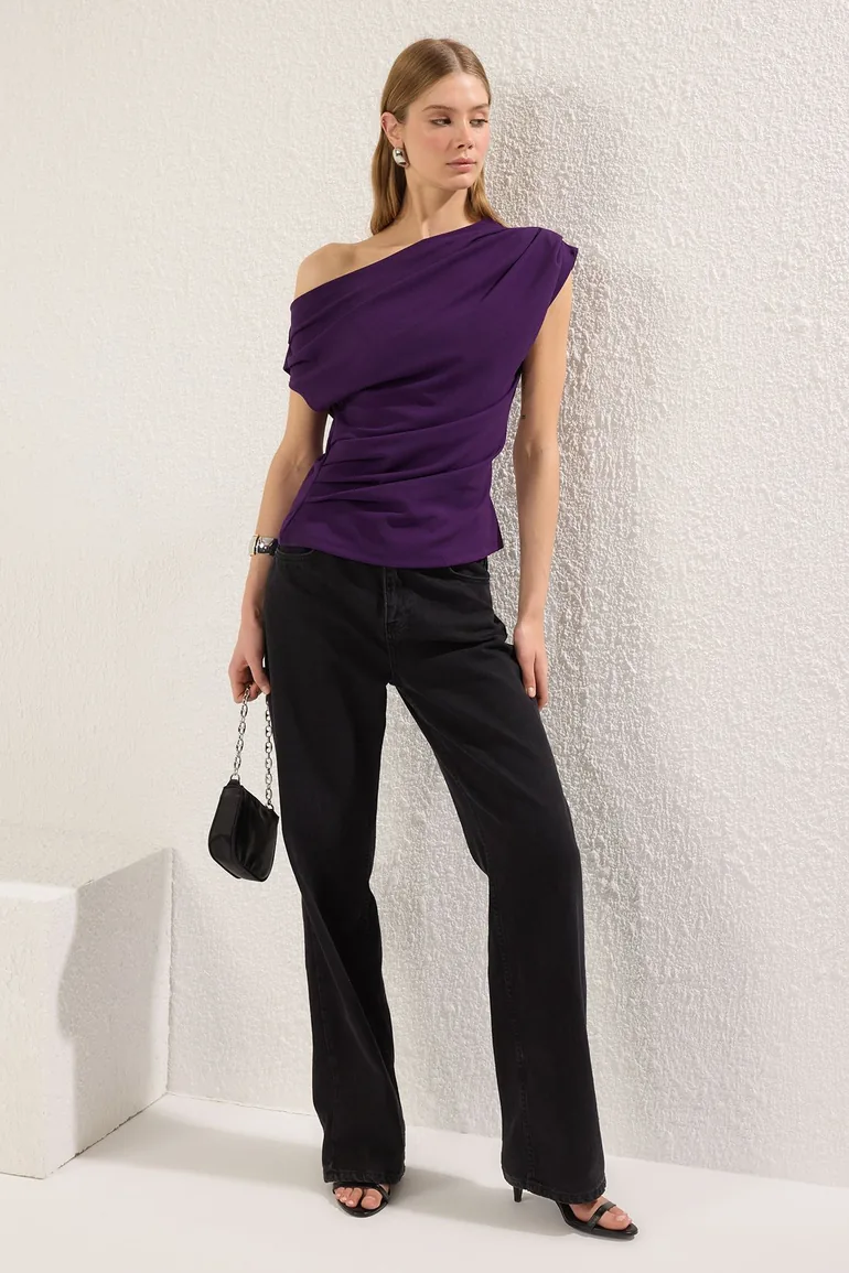 Purple Gathered/Draped Detailed Flowy Asymmetric Collar Knitted Blouse - 1
