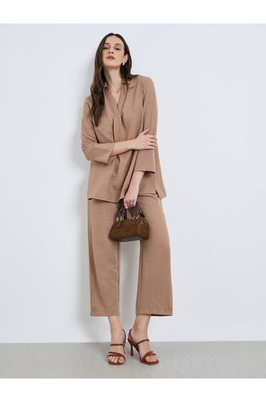 Women Beige Longline Shirt with 3/4 Sleeves