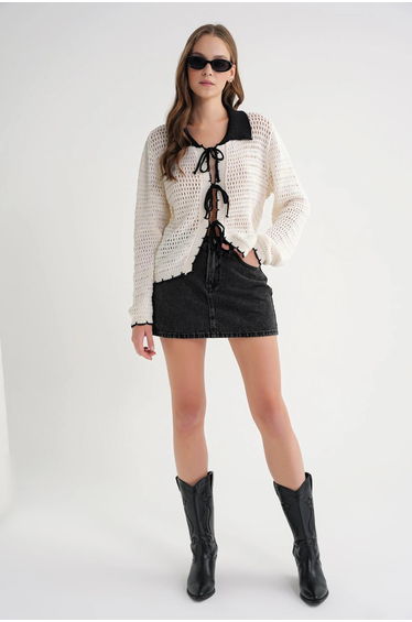 Mixray Knit Cardigan with Contrast Collar and Lace-Up Detail