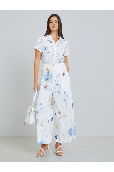 White Floral Print Wide Leg Trousers