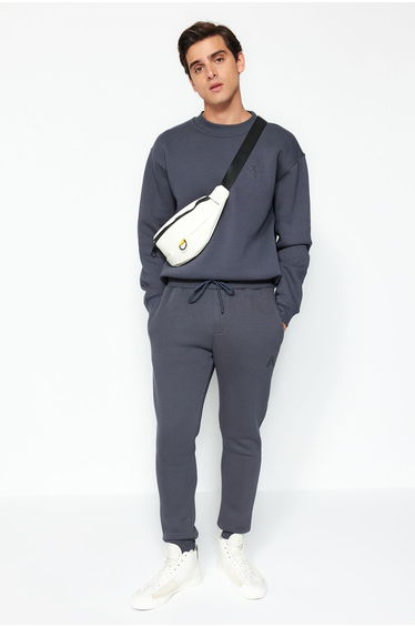 Anthracite Regular Cut Letter Embroidered Sweatpants