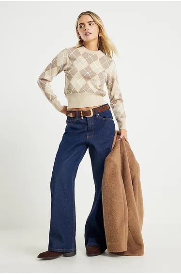 Petite Beige Knitted Long Sleeve Argyle Top