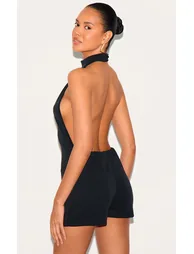 Black Premium Soft Touch Backless Halter Neck Unitard - 1
