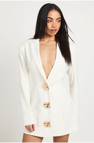 Large Gold Button Trim Blazer Dress - ivory