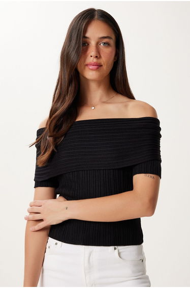 Women's Black Carmen Collar Knitwear Blouse