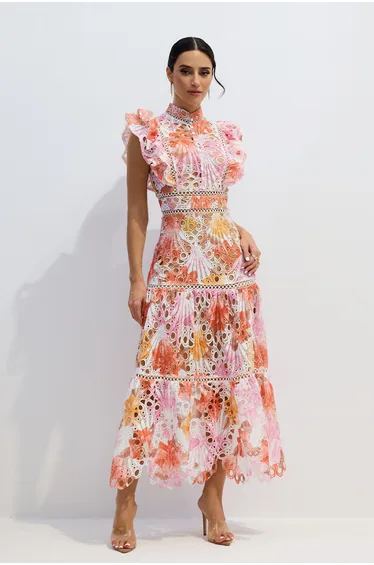 Hilda Print Lace Embroidered Maxi Dress