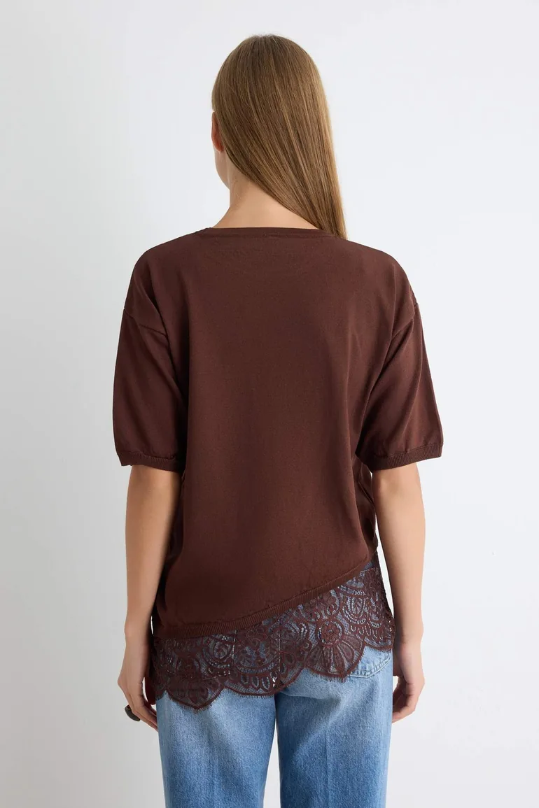 Brown More Sustainable Brown Crew Neck Lace-Trimmed Blouse - 3