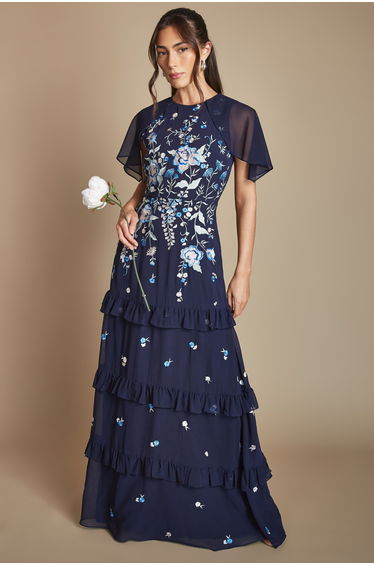 Embroidered Trailing Floral Cape Detail Tiered Bridesmaid Dress