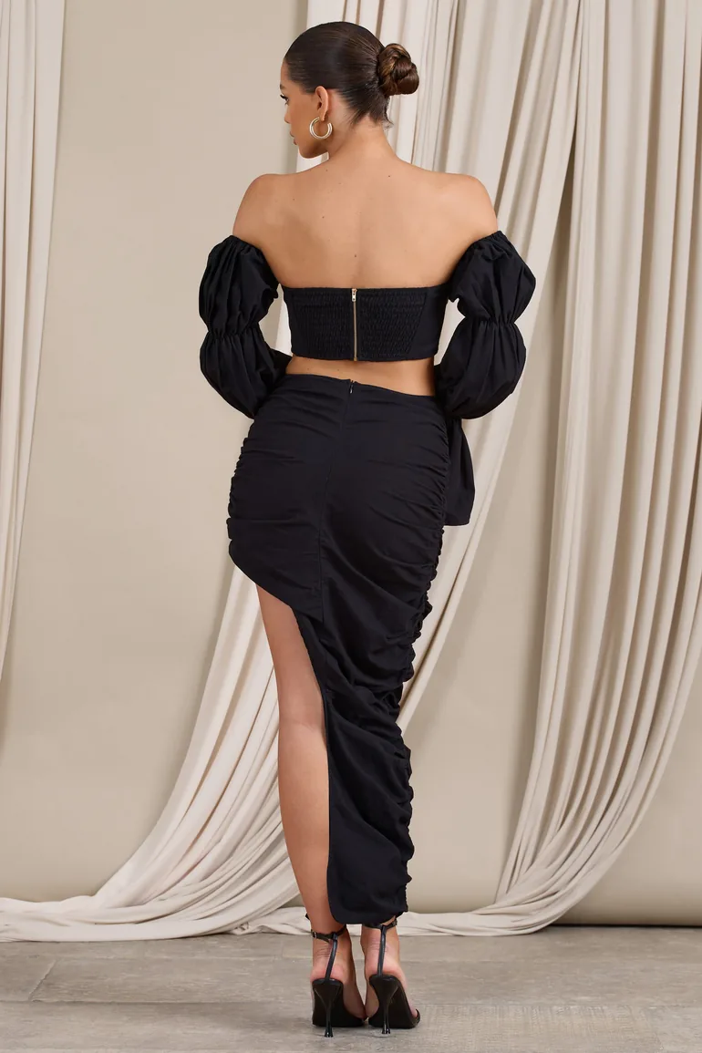 Holiday | Black Ruched Asymmetric Maxi Skirt - 1