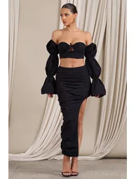 Holiday | Black Ruched Asymmetric Maxi Skirt
