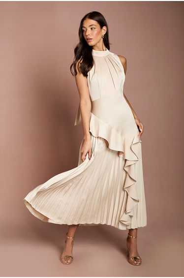 Sleeveless Ruffle Pleat Satin Back Crepe Dress