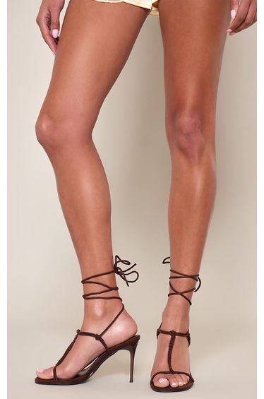 Chocolate Faux Suede Plait T Bar Heeled Sandals