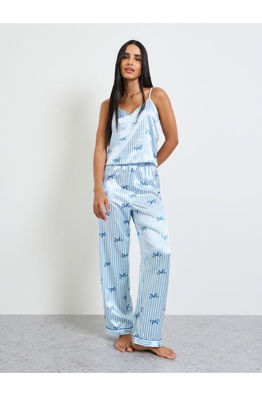 Blue Bow Striped Print Satin Cami and Pyjama Set
