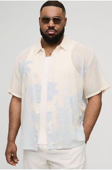 Plus Oversized Crochet Palm Tree Jacquard Shirt - light blue