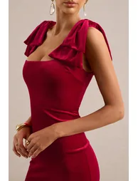 Beatrix | Red Velvet Square Neck Maxi Dress With Bow Detailing - 4