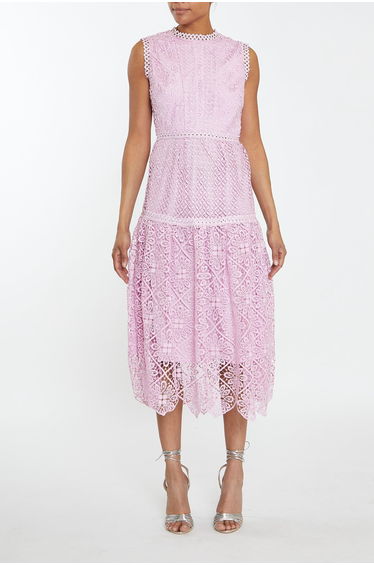 Natalia Candy-Pink Mixed Lace Peplum Midi-Dress