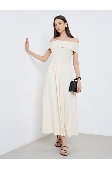 Beige Off Shoulder A-Line Midi Dress