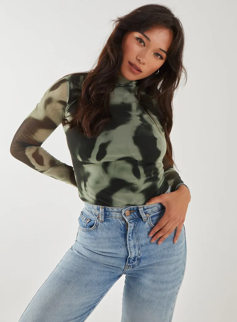 Smokey Print Long Sleeve Mesh Bodysuit - 1