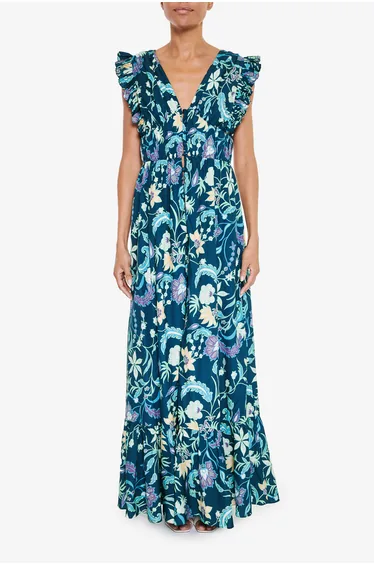 Navy Floral A-Line Maxi Party Dress