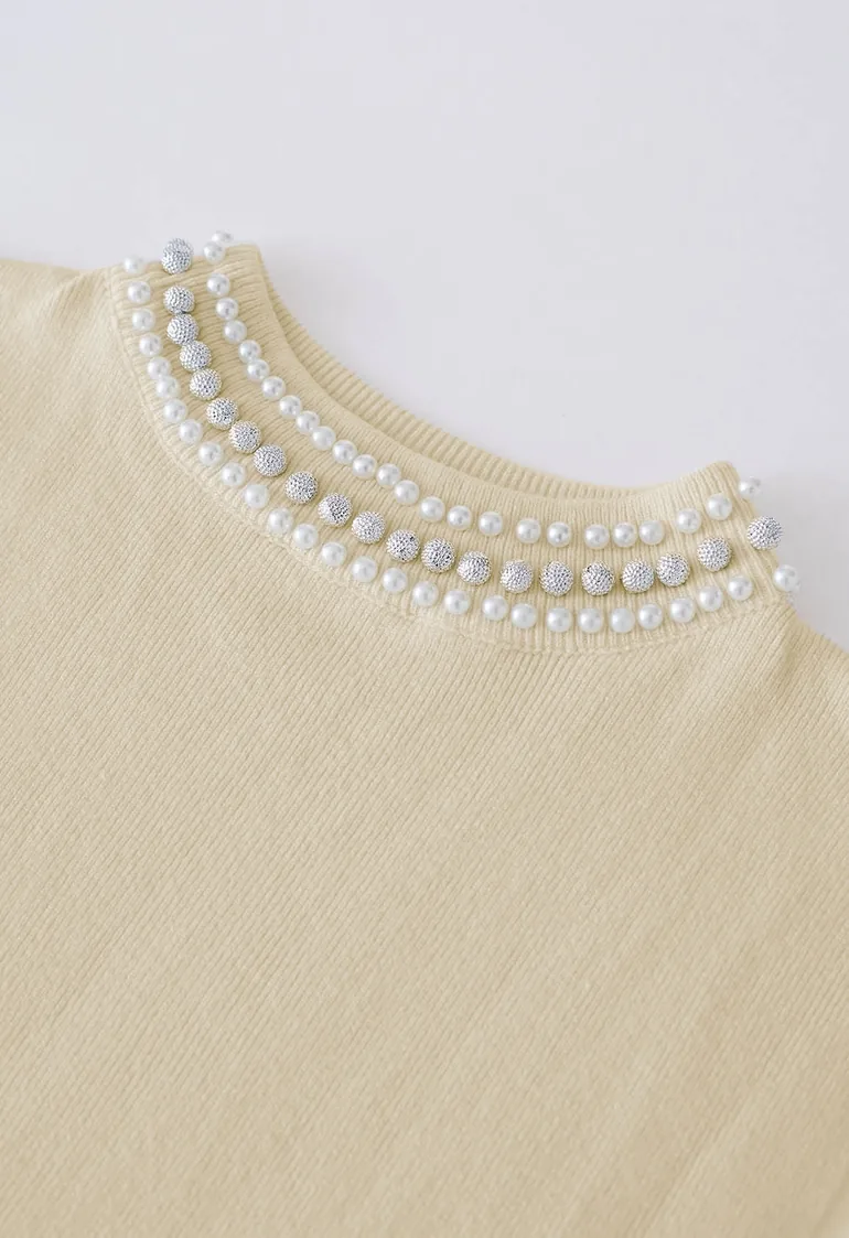 Pearl Embellished Mock Neck Sleeveless Knit Top in Sand - 5