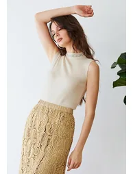 Pearl Embellished Mock Neck Sleeveless Knit Top in Sand - 2