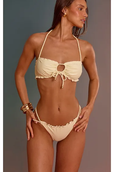 Cream Twist Detail Ruched Bikini Top