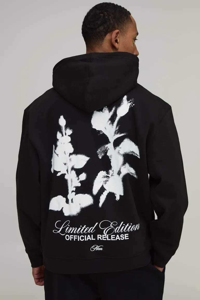Oversized Man Script Floral Printed Hoodie - black - 1
