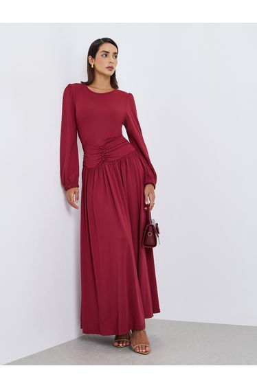 Women Burgundy Gathered Waist Maxi Dress