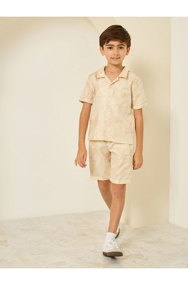 Boys Beige Tropical Print Shirt and Shorts Set