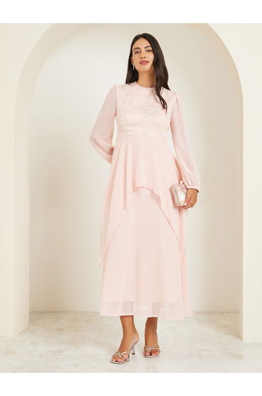 Pink Embellished Long Sleeves Tiered Maxi Dress