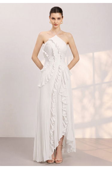 Asymmetrical Ruffle Halter Tie-Neck Pleated Maxi Dress in White