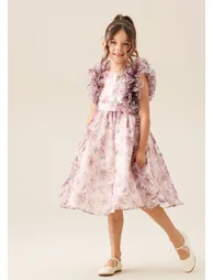 Flora Ruffle Sleeve Organza Print Dress