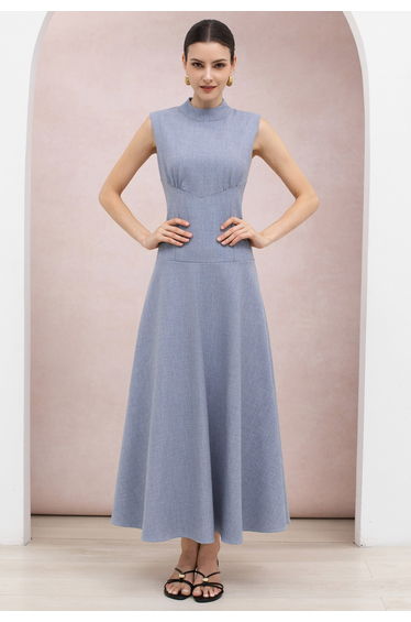 Tailored Seam Button-Back Sleeveless Maxi Dress in Dusty Blue for City Walks & Office Wear