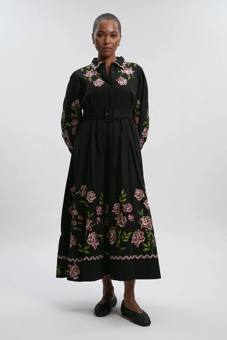Plus Size Rose Embroidered Cotton Twill Woven Shirt Dress With Eyelets  Karen Millen Black : Dresses : VogaCloset United Arab Emirates