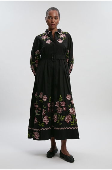 Plus Size Rose Embroidered Cotton Twill Woven Shirt Dress With Eyelets