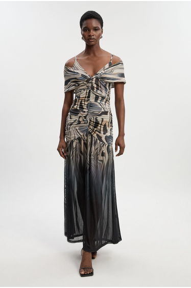 Marble Print Mesh Plunge Strappy Detail Maxi Dress