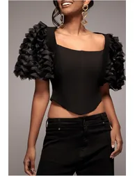 3D Textured Sleeve Scuba Corset Top - Black by Goddiva - 2