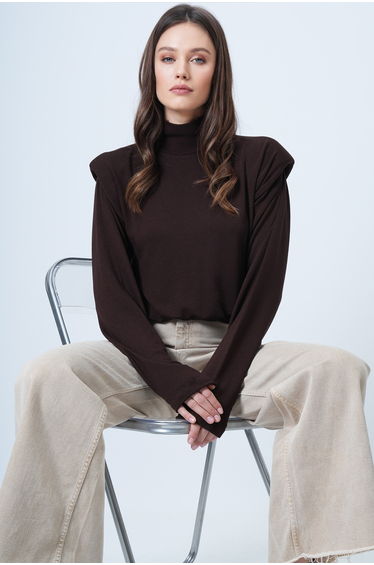 Women's Bitter Brown Half Turtleneck Shoulder Pad Pack Blouse