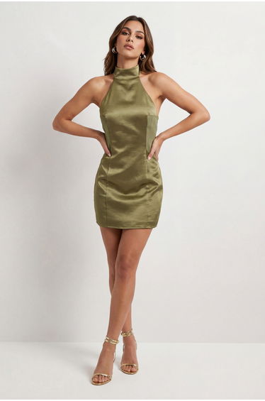 High Neck Halter Panelled Satin Mini Dress