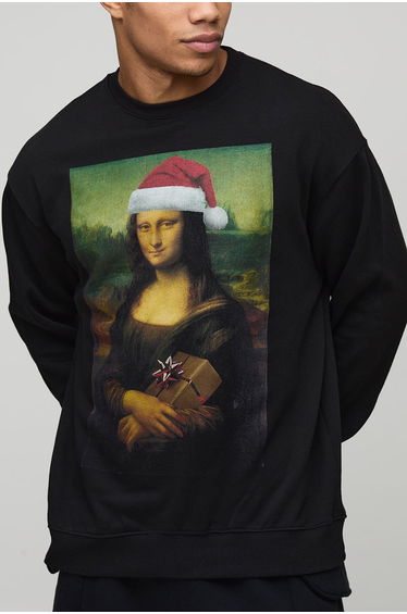 Black Oversized Mona Lisa Christmas License Printed Sweatshirt - black