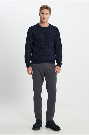 Men's Navy Blue Standard Fit Normal Cut Crew Neck Raised Soft Textured Knitwear Sweater