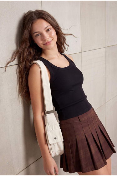 Brown Plaid Patterned Pleated Denim Skirt