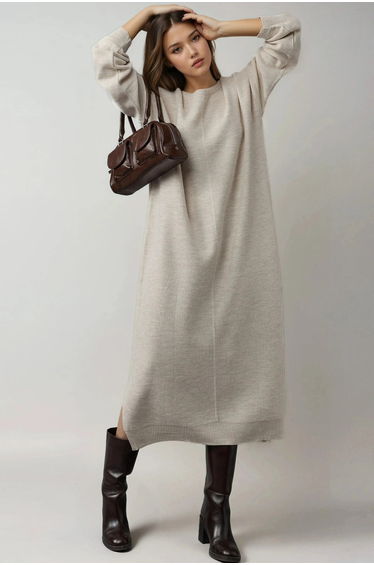 MY FASHION Textured Ribbed Long Knit Dress with Slit Detail
