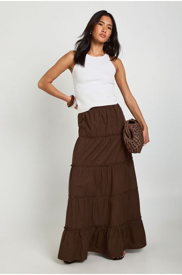 Tiered Cotton Poplin Maxi Skirt - chocolate