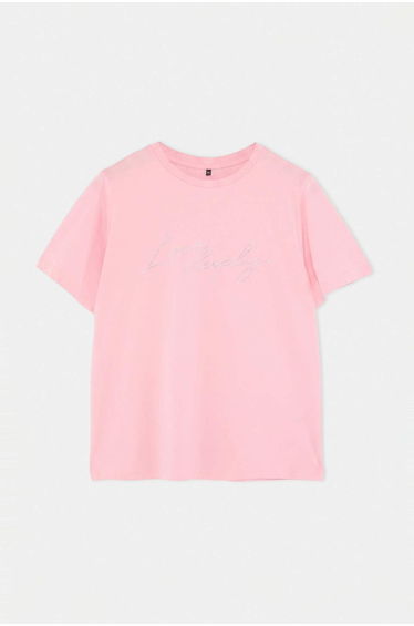 Pink Crew Neck Stone Printed Knitted Oversize T-Shirt